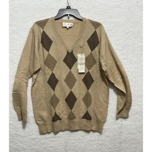 Rongheng‎ Mens Cashmere Wool Silk Argyle V-Neck Sweater XL Tan Brown